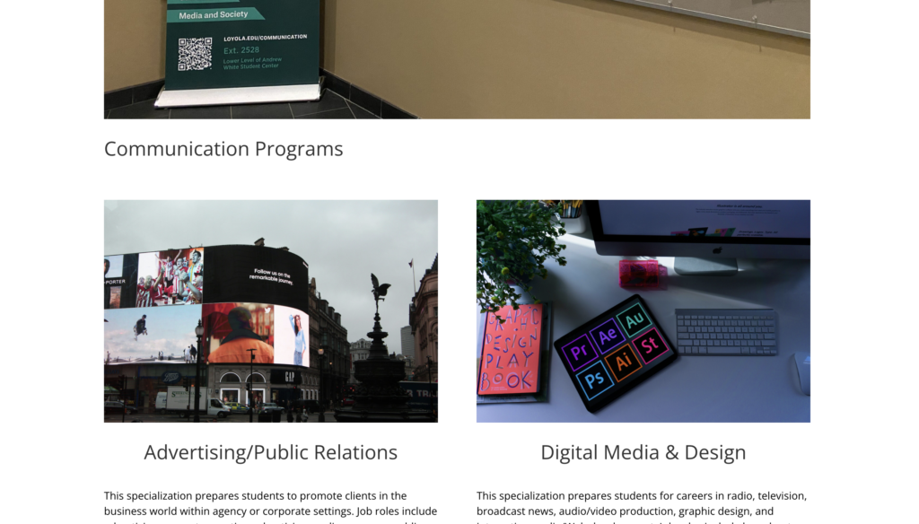 A screenshot of Communications Programs at LUM website